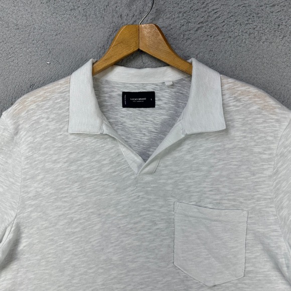 Lucky Brand Mens Polo Shirt Large White Linen Blend Casual Rugby Johnny Collar
